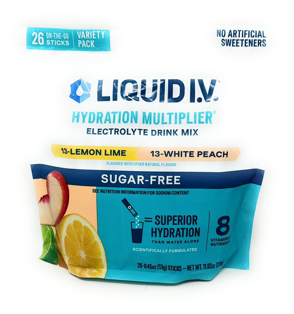Liquid I.V. Sugar-Free Hydration Multiplier – Lemon Lime & White Peach (26 Sticks)